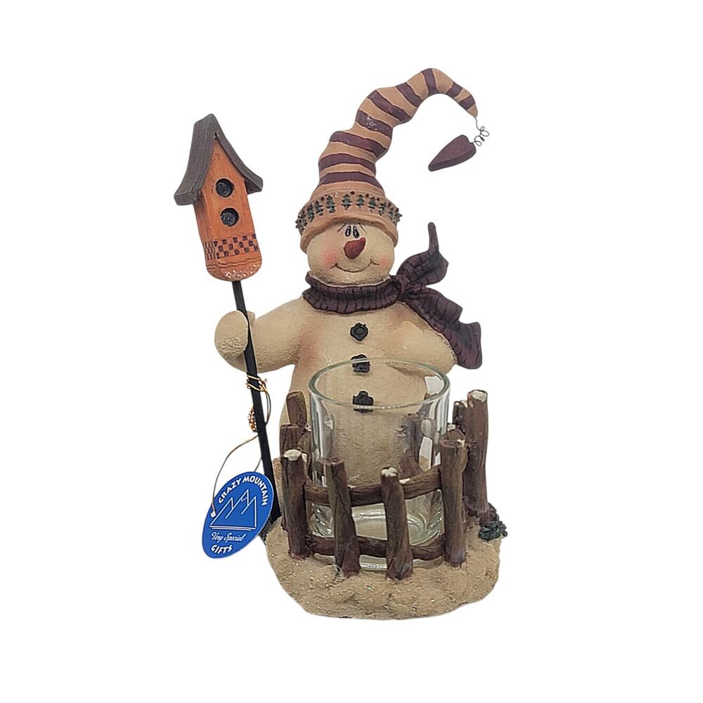 Crazy Mountain Rustic Resin Snowman Votive Glass Candle Holder Birdhouse 7"x 6"
